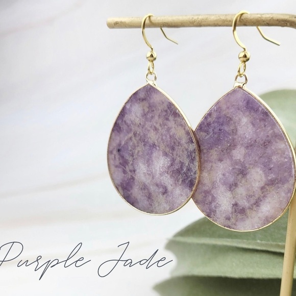 Jewelry - Lightweight Natural Purple Jade Gemstone Teardrop Dangle Earrings